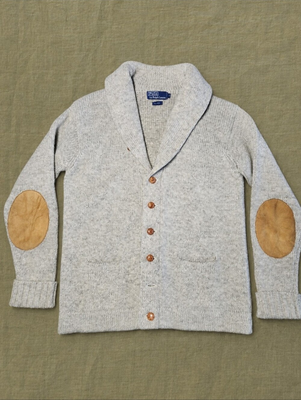 Vintage Polo Ralph Lauren Shawl Collar Wool Cardigan Suede Elbow Patches L